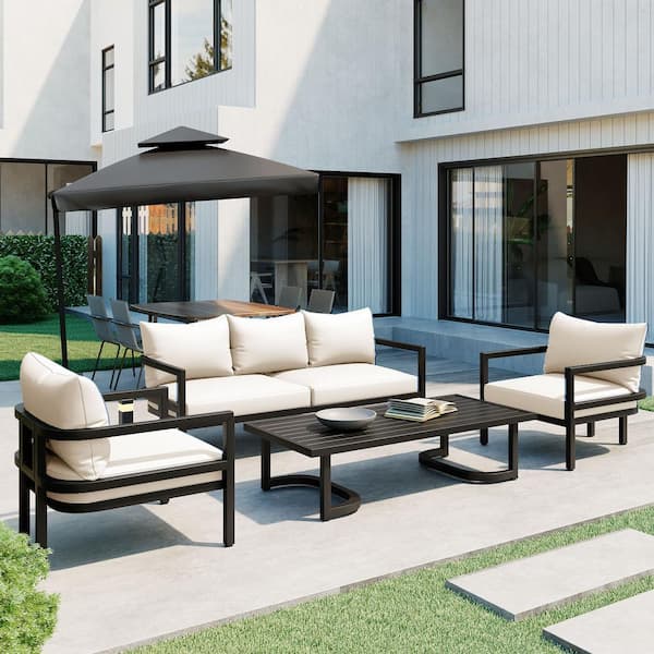 4-Piece Black Metal Outdoor Sectional Set with Beige Cushions and Coffee Table for Gardens and Lawns