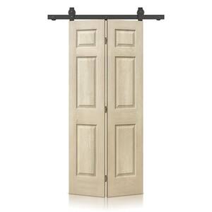 30 in. x 84 in. Vintage Cream Stain 6-Panel MDF Hollow Core Composite Bi-Fold Barn Door with Sliding Hardware Kit