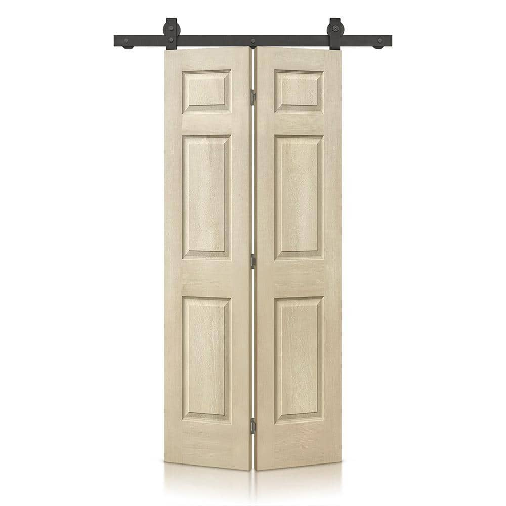 CALHOME 36 in. x 84 in. Hollow Core Vintage Cream Stain 6 Panel MDF Composite Bi-Fold Barn Door with Sliding Hardware Kit