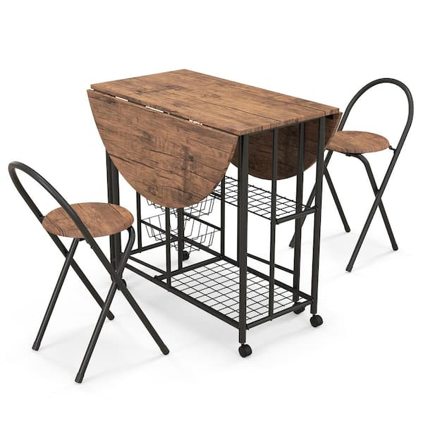 Costway 3 PCS Folding Dining Table and Chair Set Collapsible Drop Leaf Table for Kitchen Brown