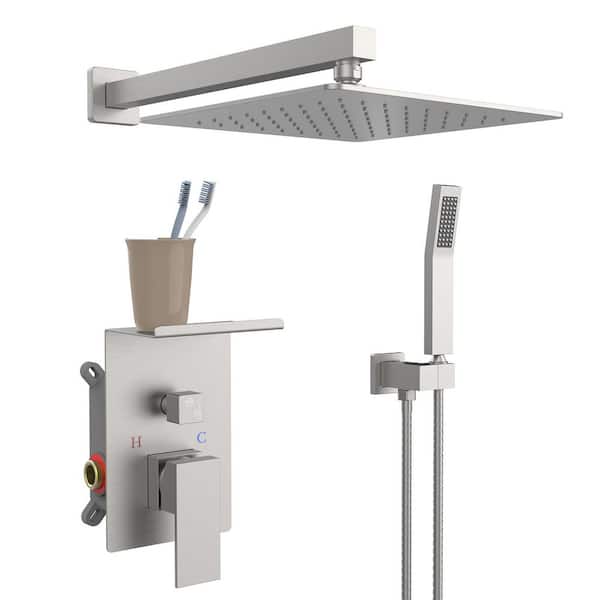 2-Spray 10 in. Wall Mounting Dual Shower Head and Handheld Shower Head with Storage Rack in Brushed Nickel