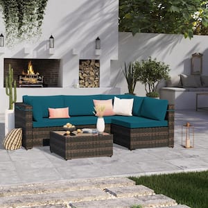 5-Piece Brown Wicker Patio Conversation Set Outdoor Sectional Sofa Set with Coffee Table and Lake Blue Cushions