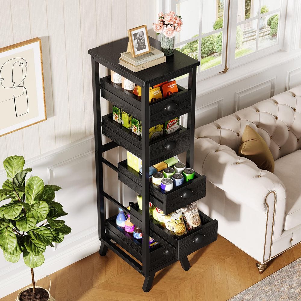 Grete's Rack Tribesigns Kathleen Black Wood 15.75 in. x 44.88 in. 5 Shelf Drawer ...