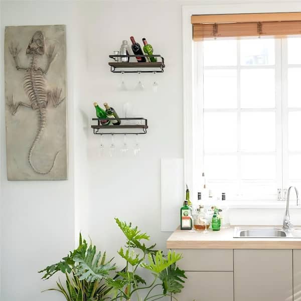 2-Piece 17 in. Brown Wood Wall Mounted Wine Glass Rack with Stemware Hanger, Wine Bottle Glass Display Storage Holder