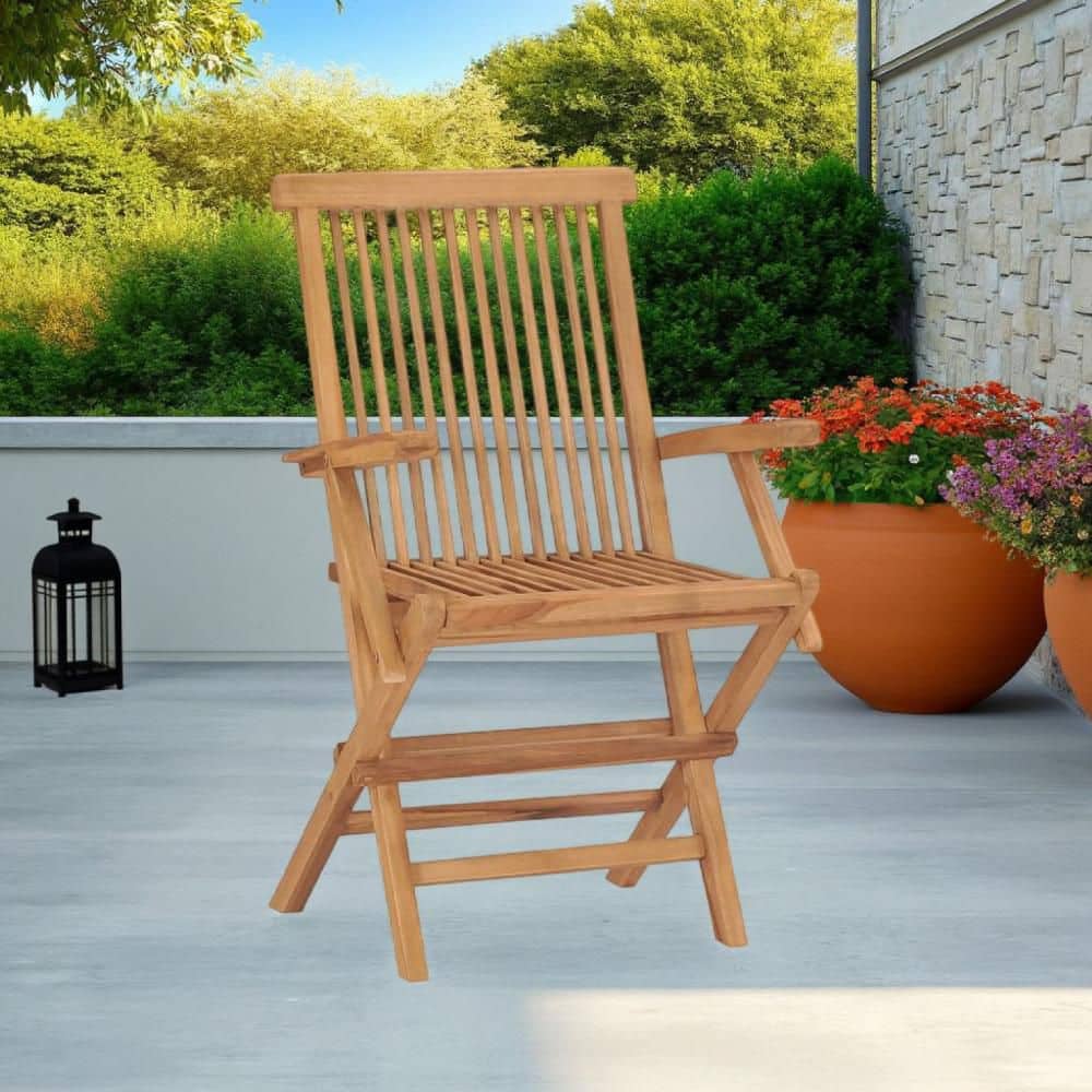 Benjara Folding Brown Wood Outdoor Dining Chair with Slatted Back and ...