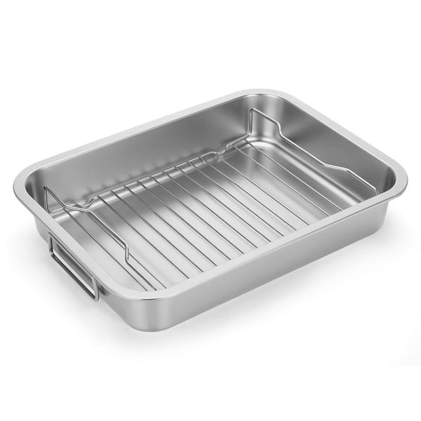 16 qt. Silver Stainless Steel Induction Oven-Safe Roasting Pan with Rack for Turkey Chicken Lasagna Vegetable