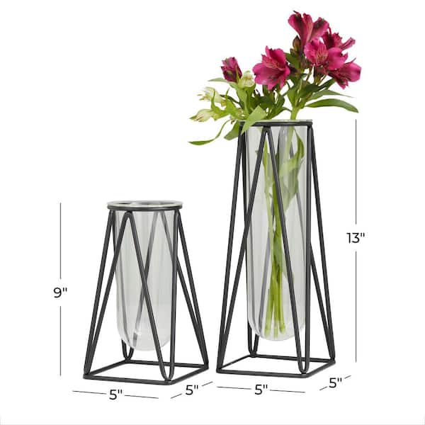 CosmoLiving by Cosmopolitan Black Tube Glass Decorative Vase with Metal Stand of 2) 040500 - The Home Depot