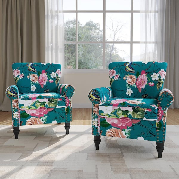 Uixe Blue Multicolor Floral Linen Nailhead Trim Upholstered