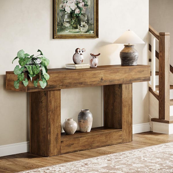 BYBLIGHT Turrella 63 in. Brown Rectangle Wood Console Table with U-Shaped Base, Narrow Long Sofa Table Behind Couch Table