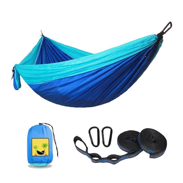 Justincity 8.8 ft. Double and Single Medium Portable Hammock with Storage Bag, 2 10 ft. Talon Straps in Dark Blue and Sky Blue