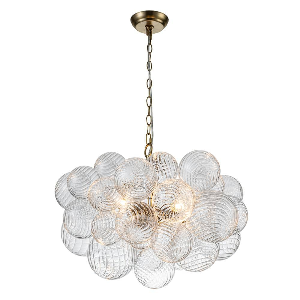 HUOKU Neuvy 24 in. W 3-Light Brass Bubble, Crystal Cluster, Globe Chandelier with Swirled Glass Shades for Dining Room PD1045511 - The Home Depot