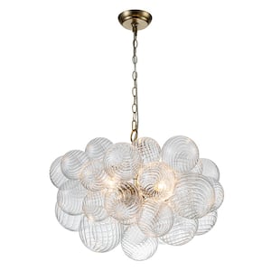 Neuvy 24 in. W 3-Light Brass Bubble, Crystal Cluster, Globe Chandelier with Swirled Glass Shades for Dining Room