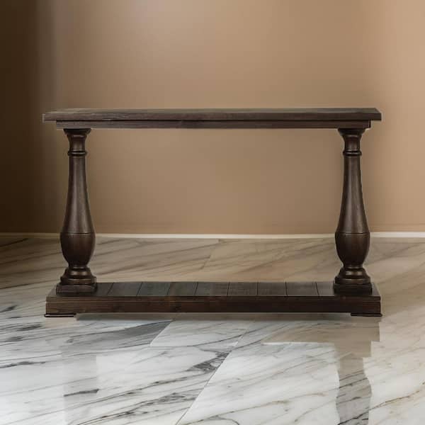 Benjara 16 in. Brown Rectangle Wooden Console Table with Plank Top and Turned Pedestal Base
