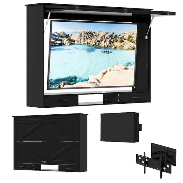 Black TV Enclosure Can Hold TV Screens Up to 58 in. Weatherproof, Lockable, with Adjustable Two-Arm TV Wall Mount, Light