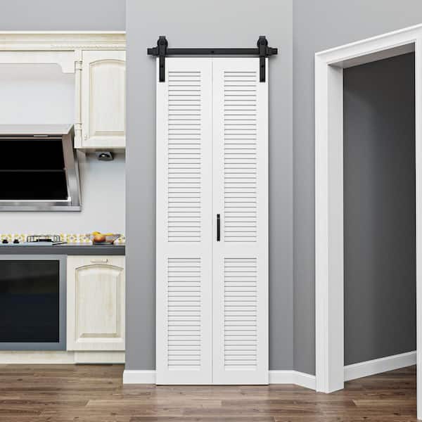 ARK DESIGN 25 in. x 84 in. Solid Core White Finished MDF Louver Closet Bi-Fold Sliding Barn Door Slab with Hardware Kit