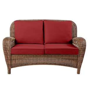 Beacon Park Brown Wicker Outdoor Patio Loveseat with CushionGuard Chili Red Cushions