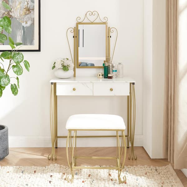 CSC DECOR INC 2-Piece White Makeup Vanity Set with Mirror, 2-Drawer Dressing Table with Upholstered Stool, Marble Finish & Metal Frame