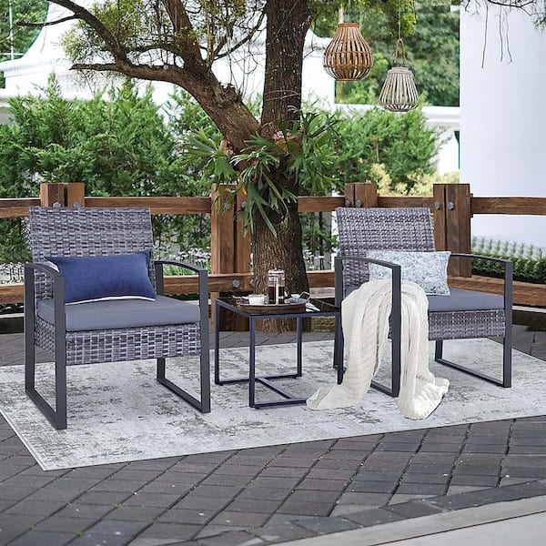 3-Piece Gray Wicker Patio Outdoor Bistro Set with Gray Cushions and 1 Side Table