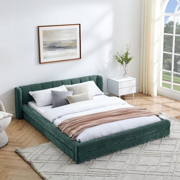 Modern Blue and Green Beige Wood Frame Queen Chenille Upholstered Platform Bed with Headboard