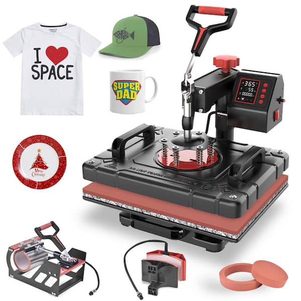 SEEUTEK Saiose Upgraded 5 in 1 Black and Red T-Shirt Heat Press Machine 12 in. x 15 in. 360° Swing Away Digital Heat Transfer