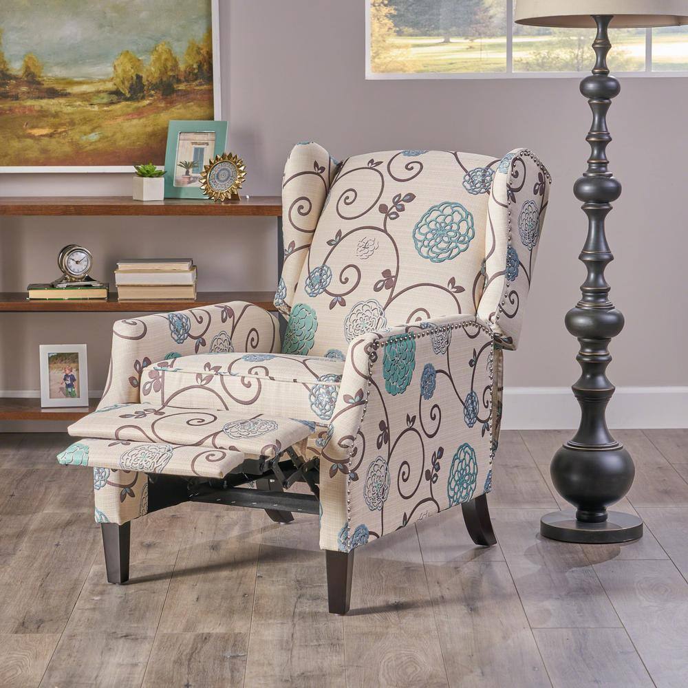 Handcrafted White Floral Polyester Recliner with Wingback Design
