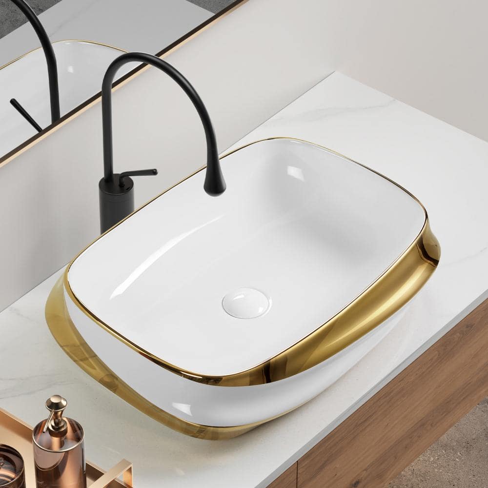24 in.W x 17 in.D White&Gold Rim Ceramic Bath Vessel Sink With Rectangular Above Counter Basin,No Faucet price history on PriceWatchPro