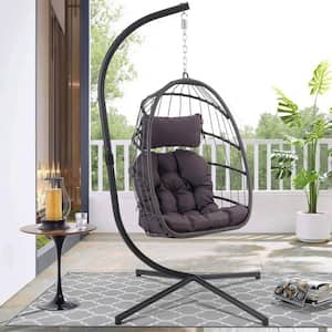 78 in. Black Wicker Aluminum Patio Swing Chair with Dark Gray Cushion and Stand