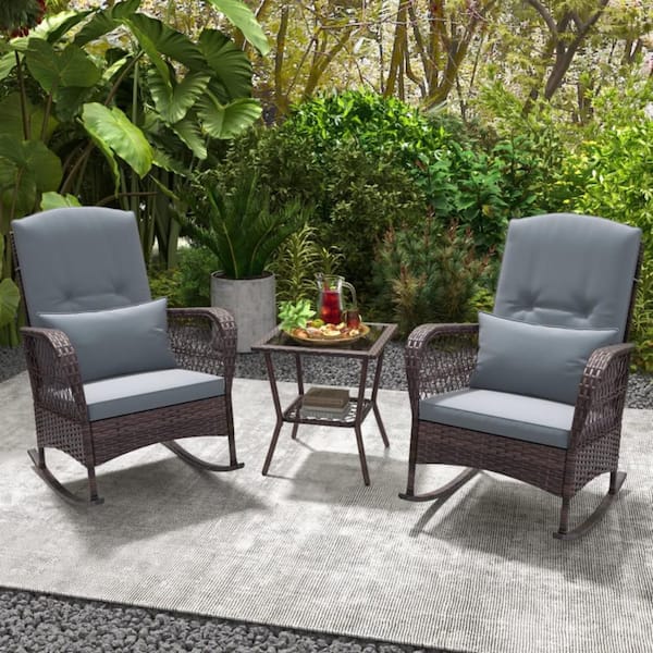Kadehome 3-Piece Wicker Outdoor Chat Set with Gray Cushion and 2-Tier Coffee Table