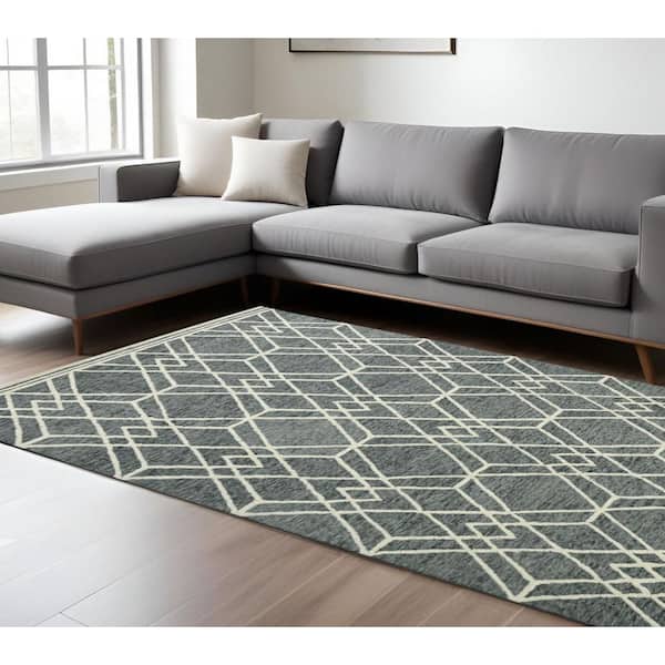 9 ft. x 13 ft. Gray and Beige Wool Geometric Hand Hooked Area Rug