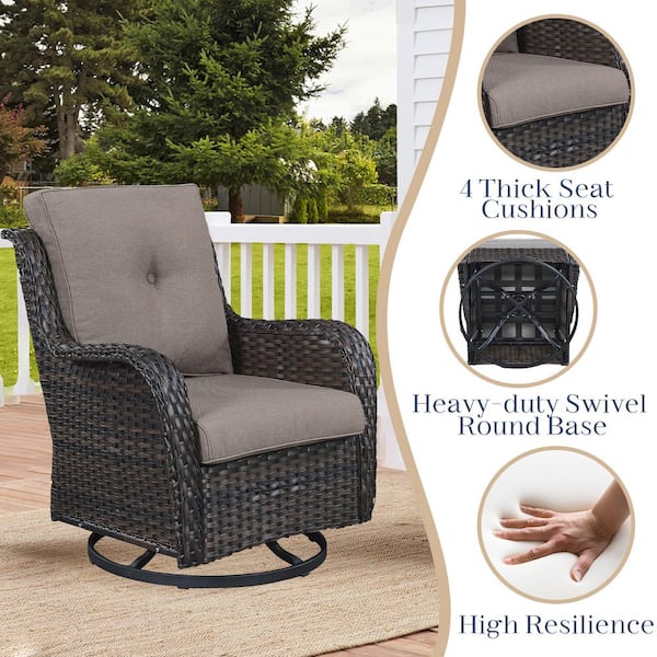 Brown 3-Piece Wicker Patio Conversation Deep Seating Set with Gray Cushions All-Weather Swivel Rocking Chairs