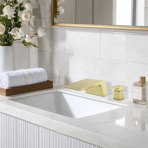 Arc Waterfall Single Handle Double Hole Bathroom Faucet in Brushed Gold