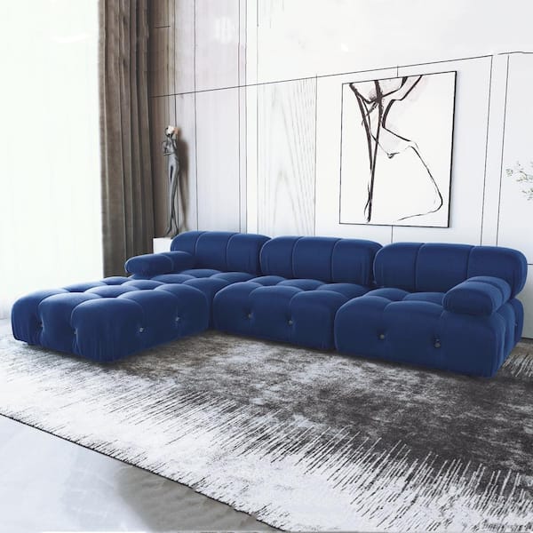 Magic Home 104 in. Square Arm 4-Seater Velvet Convertible L-Shaped Modular Sectional Sofa with Ottoman in Blue