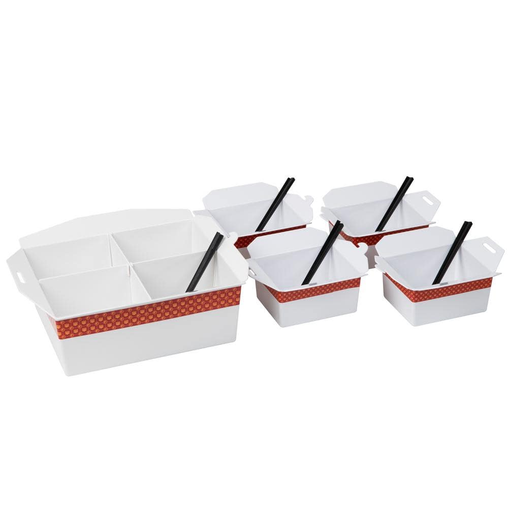 White Round Plastic Divided Serving Tray With Lids, 5 Individual