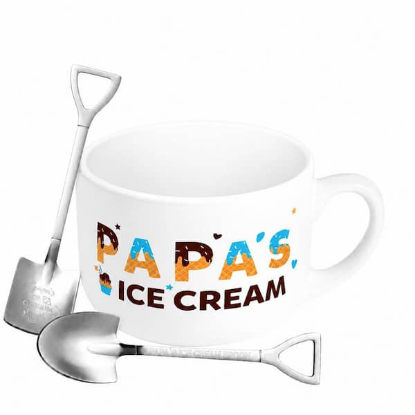 Papa Ice Cream Bowl 24 oz Ceramic Dessert Set with Engraved Scoop and Spatula Utensils Gift Kit HORSE