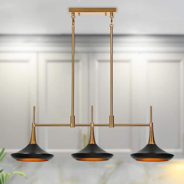 Modern 3-Light Large Black Linear Kitchen Island Chandelier Mid-Century Plating Brass Dining Pendant with Metal Shades