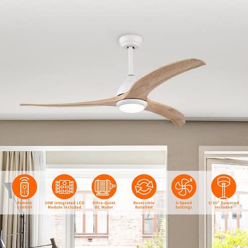 52 in. Integrated LED Indoor Matte White Ceiling Fan with Light and Remote 6-Speed DC Motor with 3 Wooden Blades Lighting