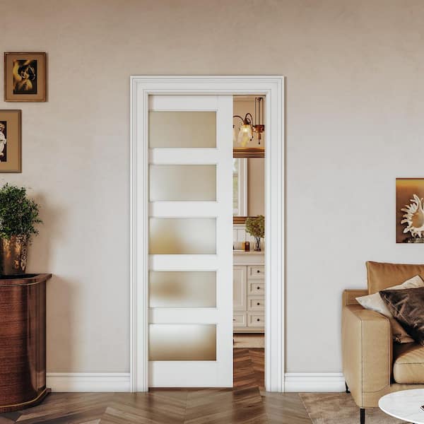 30 in. x 80 in. White Painted Composite and Frosted Glass 5 Lite Sliding Pocket Door with Frame and Hardware Included