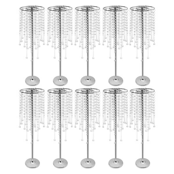 YIYIBYUS 29.5 in. H Silver Iron Acrylic Beads Decor Flower Stands Decorative Vases Wedding Party Table Centerpieces (Set of 10)