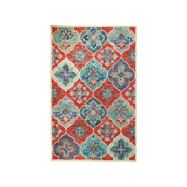 SUPERIOR Jacinta Blue/Rust 4 ft. x 6 ft. Bohemian Floral Hand Tufted Wool Indoor Area Rug
