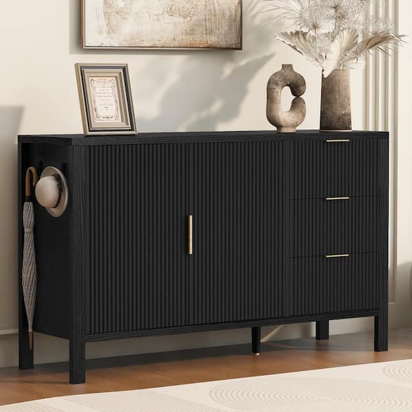 Black MDF 55.1 in. W Wave-Pattern Sideboard Buffet with Hooks, Extra Center Leg and 3-Drawers