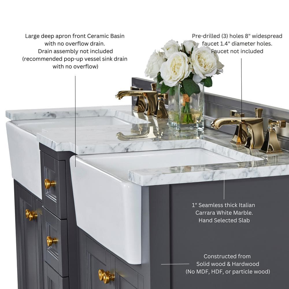 Adeline 60'' Sapphire Gray Double Bathroom Vanity with Marble Top