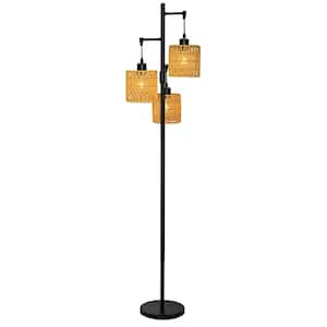 65 in. Light Brown Farmhouse Standing Tree Floor Lamps with Rattan Shades