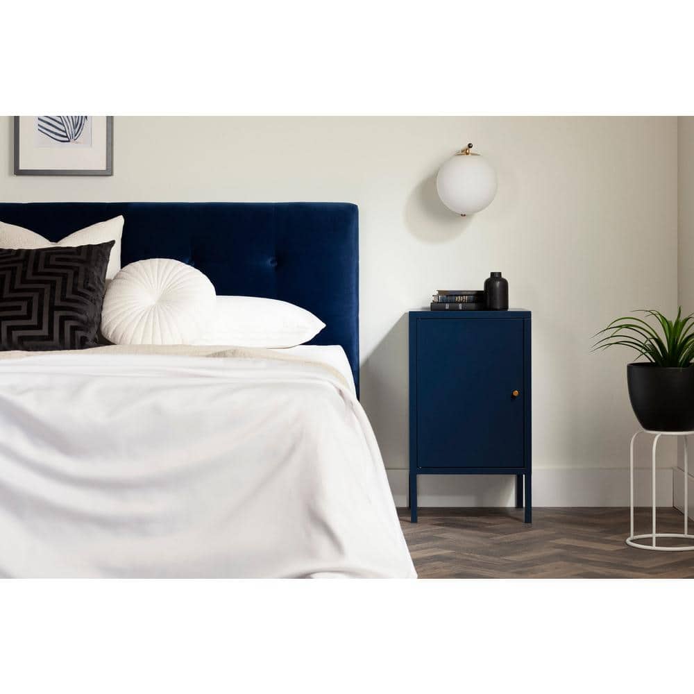 Dark Blue Metal 1-Door Nightstand with Adjustable Shelf