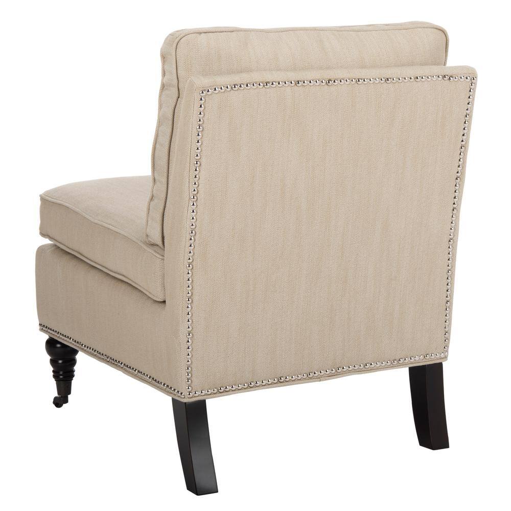 Beige Linen Slipper Chair with Spindle Wood Legs