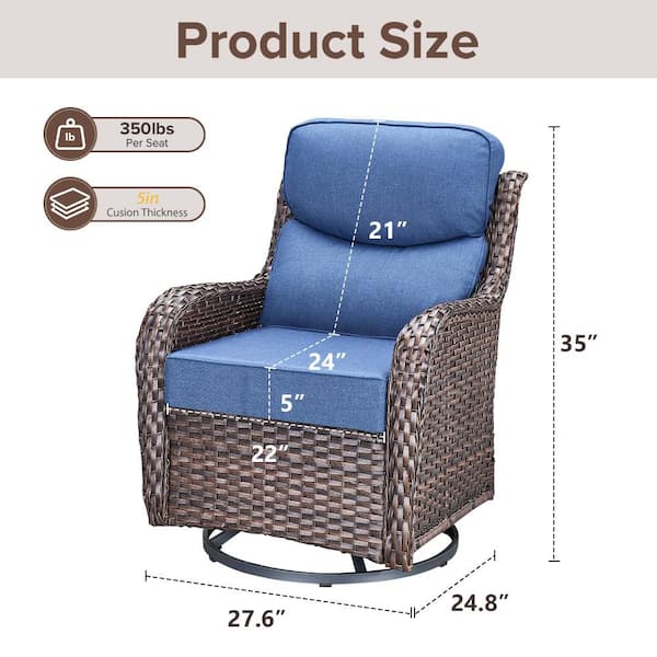 Crescent Moon Swivel Wicker Outdoor Rocking Chair with Cushion Guard Blue Cushions (Set 2-Pack)