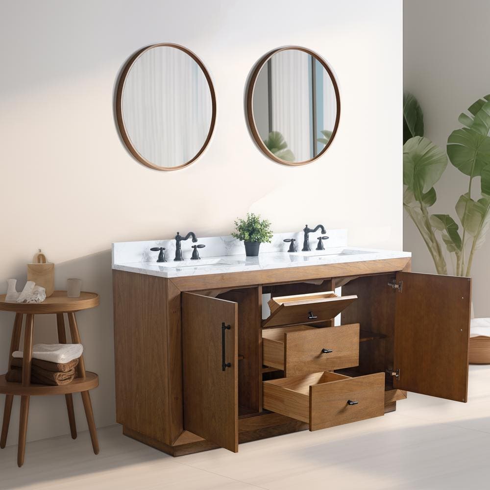 60" Double Sink Bathroom Vanity with Arabescato White Marble Top