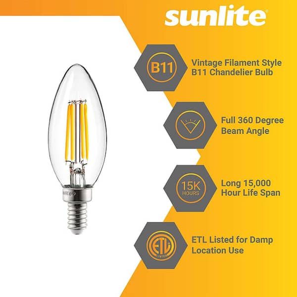 Sunlite 60-Watt Equivalent B11 Dimmable Candle Clear Glass Filament Vintage Edison LED Light Bulb in Warm White (12-Pack) Sunlite 60-Watt Equivalent B11 Dimmable Candle Clear Glass Filament Vintage Edison LED Light Bulb in Warm White (12-Pack)