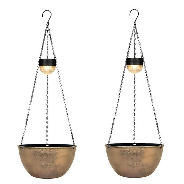 OGETFUUR 2-Piece Copper Metal Hanging Basket, Solar Powered Self Watering  Round Flower Pots with Drainer LK4X-6X8