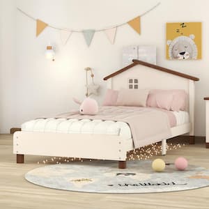 Twin Size Platform Bed with House-Shaped Headboard, Wood Twin Platform Bed Frame for Kids, Boys, Girls(Cream+Walnut)