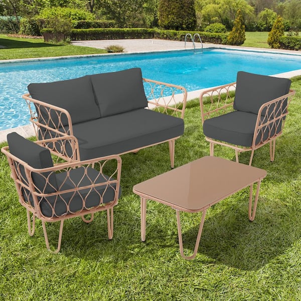 JEAREY 4-Piece Grey Wicker Patio Conversation Set Loveseat with Cushions and Coffee Table